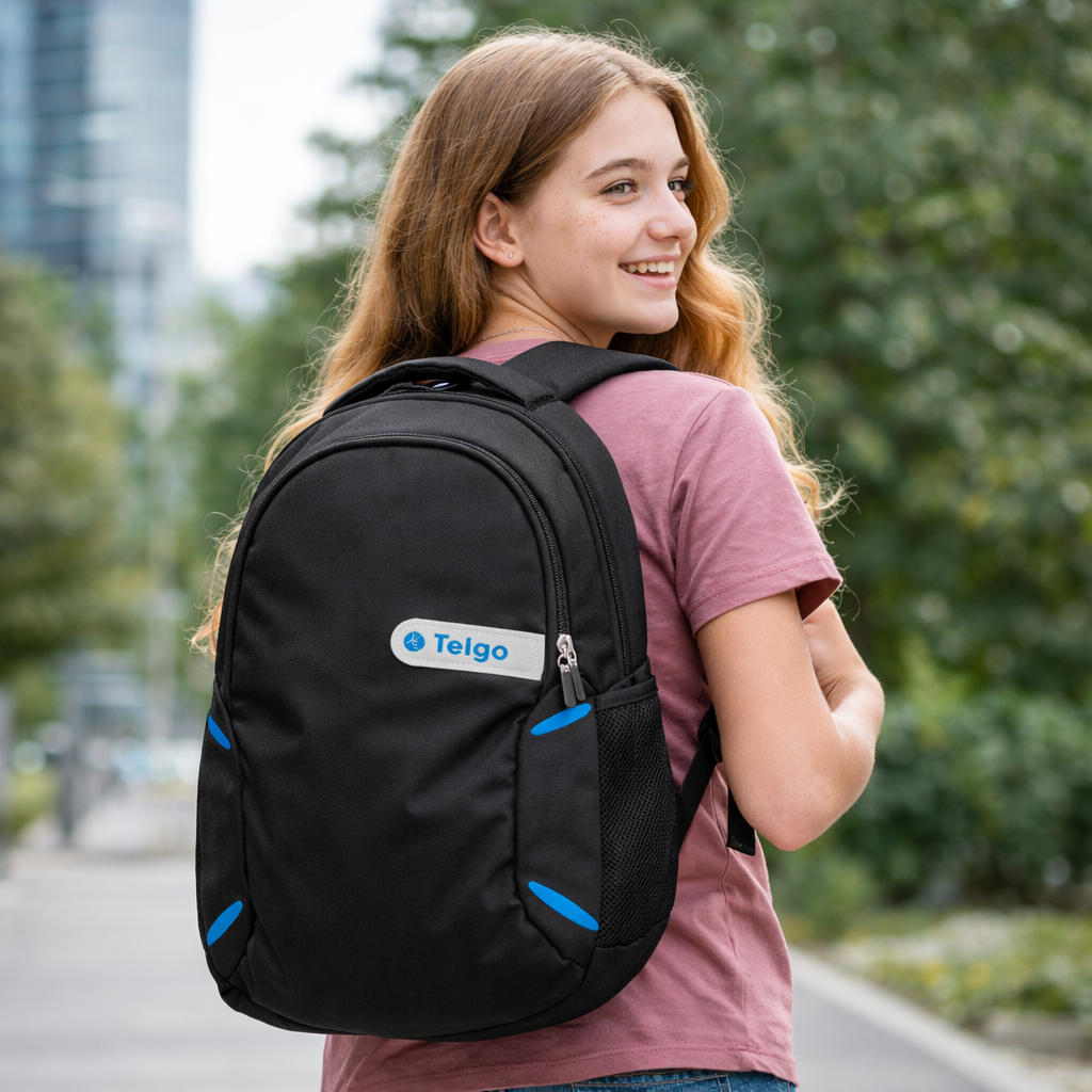 Telgo Lightweight Black Backpack with Blue Accents