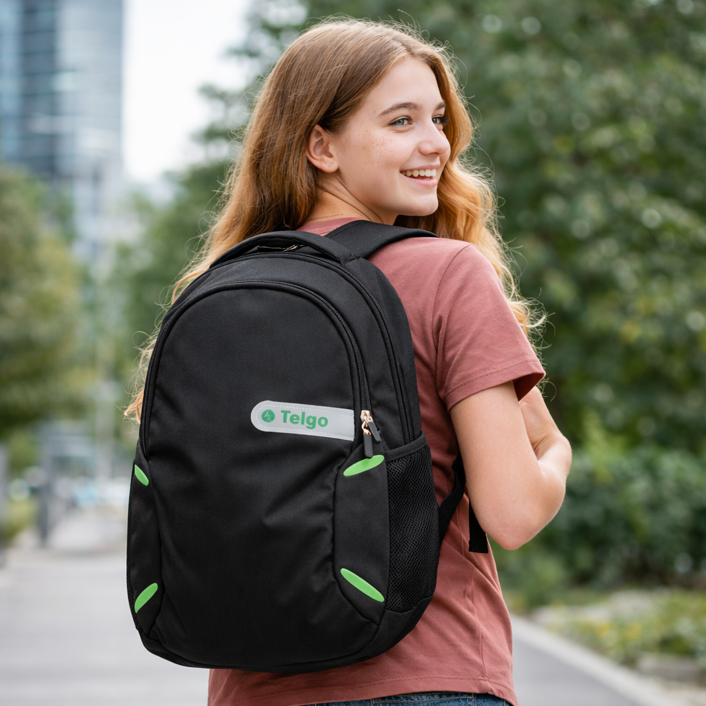 Telgo Lightweight Black Backpack with Green Accents