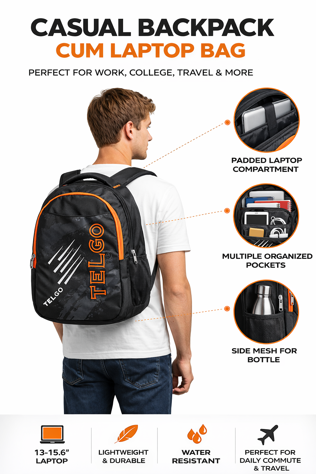 Telgo Sports Design Black Casual Backpack