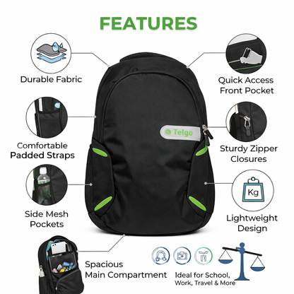 Telgo Lightweight Black Backpack with Green Accents