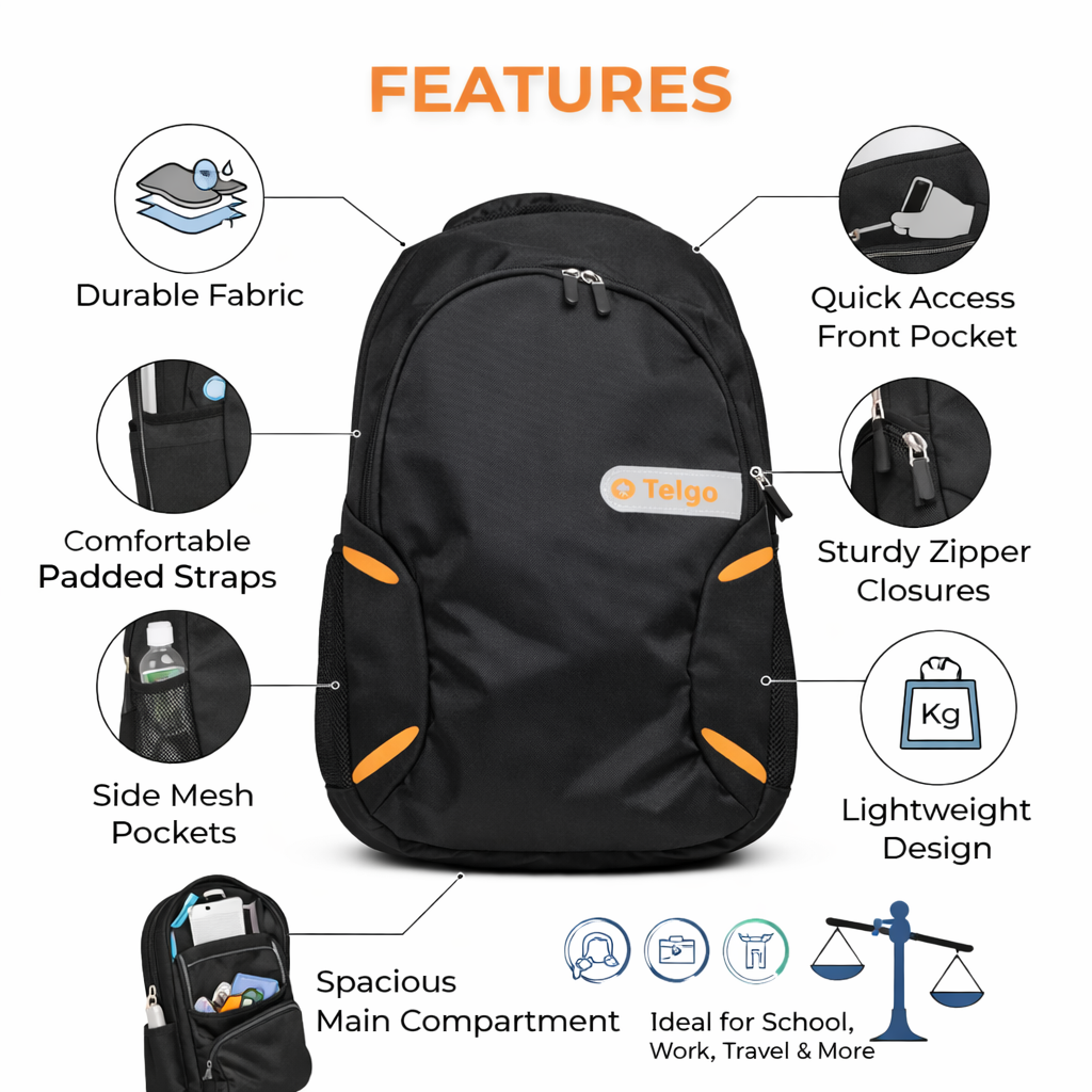 Telgo Lightweight Black Backpack with Yellow Accents