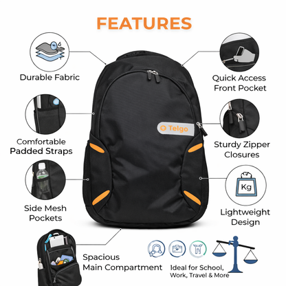 Telgo Lightweight Black Backpack with Yellow Accents