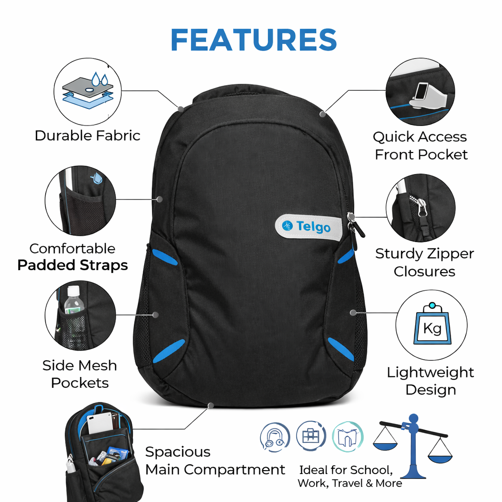 Telgo Lightweight Black Backpack with Blue Accents