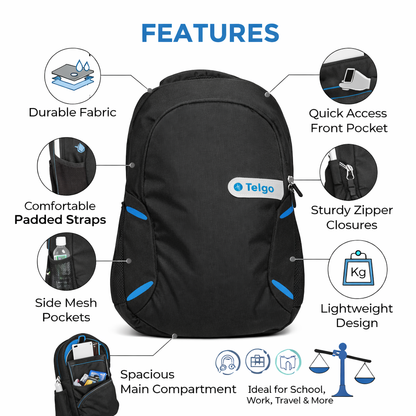 Telgo Lightweight Black Backpack with Blue Accents