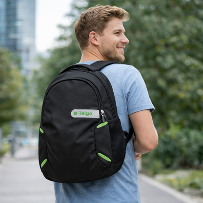 Telgo Lightweight Black Backpack with Green Accents