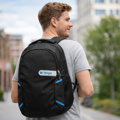 Telgo Lightweight Black Backpack with Blue Accents