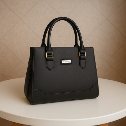Elegant Structured Black Leather Handbag with Golden Accents | Luxury Women's Tote